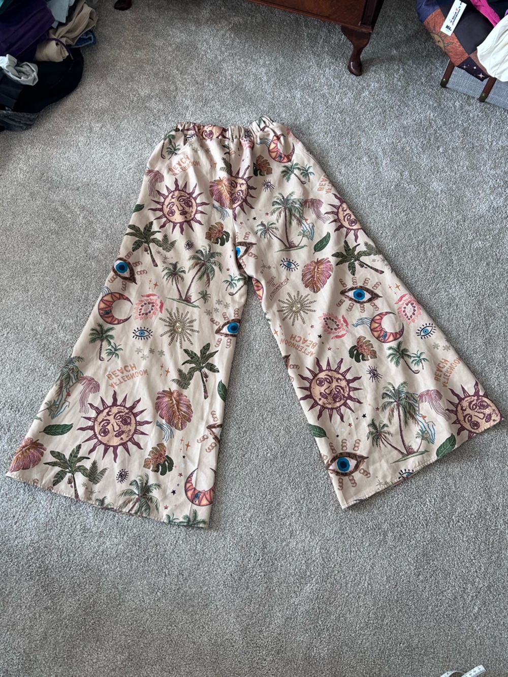 ROMWE Celestial Sun Moon Wide Leg Pants Boho Festival Flowy Palazzo Beachy - Picture 3 of 7
